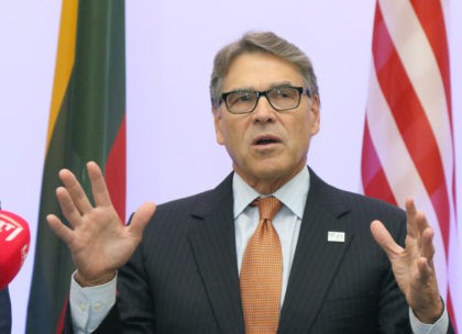 US Secretary of Energy Rick Perry delivers a statement after signing an agreement with Estonian, Lithuanian and Latvian counterparts on strengthening energy cooperation between the US and the Baltic States during a meeting in Vilnius, Lithuania, on October 6, 2019. - The United States and Baltic states on October 6, …