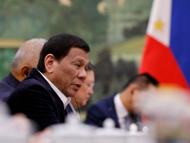 Philippine President Rodrigo Duterte speaks to Chinese Premier Li Keqiang (not pictured) during their meeting at the Great Hall of the People in Beijing on August 30, 2019. (Photo by HOW HWEE YOUNG / POOL / AFP) (Photo credit should read HOW HWEE YOUNG/AFP/Getty Images)