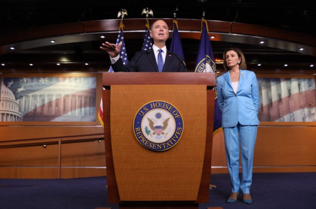 WASHINGTON, DC - OCTOBER 02: House Select Committee on Intelligence Chairman Rep. Adam Shiff (D-CA) and Speaker of the House Nancy Pelosi (D-CA) answer questions at the U.S. Capitol October 2, 2019 in Washington, DC. Pelosi and Schiff updated members of the media on the latest developments related to the …