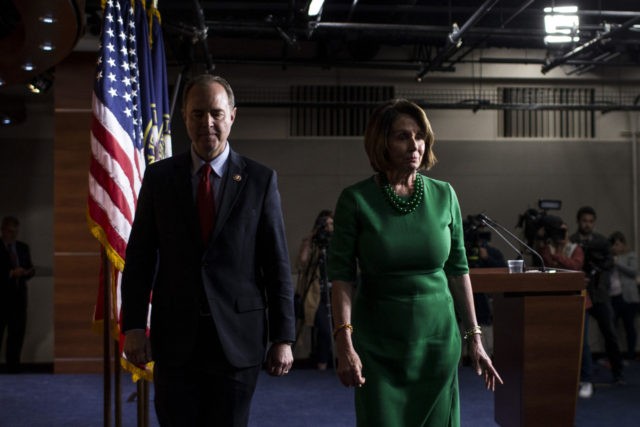 WASHINGTON, DC - OCTOBER 15: House Intelligence Committee Chairman Rep. Adam Schiff (D-CA), left, and House Speaker Nancy Pelosi (D-CA), right, depart following a news conference on Capitol Hill on October 15, 2019 in Washington, DC. House Democrats will not hold a vote to authorize impeachment inquiry into President Donald …