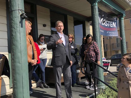 In this Oct. 13, 2018 photo, Democratic House candidate Sean Casten speaks to supporters in Downers Grove, Ill. After more than a decade representing a reliably Republican suburban Chicago district, Rep. Peter Roskam is suddenly among the most endangered House Republicans seeking re-election. Roskam, who faces Democratic business owner and …