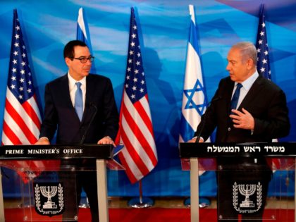 Israeli Prime Minister Benjamin Netanyahu speaks during a joint press conference with US Treasury Secretary Steven Mnuchin (L) in Jerusalem October 28, 2019. (Photo by RONEN ZVULUN / POOL / AFP) (Photo by RONEN ZVULUN/POOL/AFP via Getty Images)