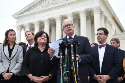 Funeral home owner Tom Rost speaks outside the US Supreme Court in Washington, DC, October 8, 2019, as the Court holds oral arguments in three cases dealing with workplace discrimination based on sexual orientation. - Thomas Rost, owner of RG & GR Harris Funeral Homes in Garden City, Michigan, is …
