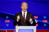WESTERVILLE, OHIO - OCTOBER 15: Billionaire Tom Steyer speaks during the Democratic Presidential Debate at Otterbein University on October 15, 2019 in Westerville, Ohio. A record 12 presidential hopefuls are participating in the debate hosted by CNN and The New York Times. (Photo by Win McNamee/Getty Images)