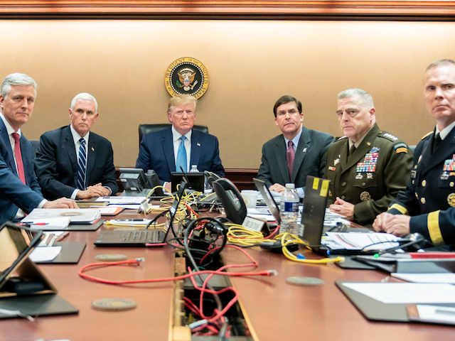 President Trump with Vice President Mike Pence, National Security Advisor Robert O’Brien, left; Secretary of Defense Mark Esper and Chairman of the Joint Chiefs of Staff U.S. Army General Mark A. Milley, and Brig. Gen. Marcus Evans, Deputy Director for Special Operations. Saturday, Oct. 26, 2019, in the Situation Room …