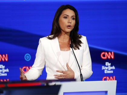Democratic presidential candidate Rep. Tulsi Gabbard, D-Hawaii, participates in a Democratic presidential primary debate hosted by CNN/New York Times at Otterbein University, Tuesday, Oct. 15, 2019, in Westerville, Ohio. (AP Photo/John Minchillo)