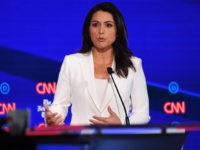Representative for Hawaii Tulsi Gabbard speaks onstage during the fourth Democratic primary debate of the 2020 presidential campaign season co-hosted by The New York Times and CNN at Otterbein University in Westerville, Ohio on October 15, 2019. (Photo by SAUL LOEB / AFP) (Photo by SAUL LOEB/AFP via Getty Images)