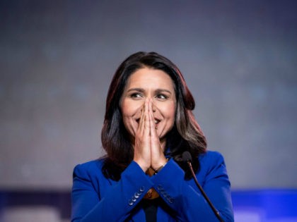 Democratic presidential candidate Rep. Tulsi Gabbard (R-HI) addresses the crowd during the