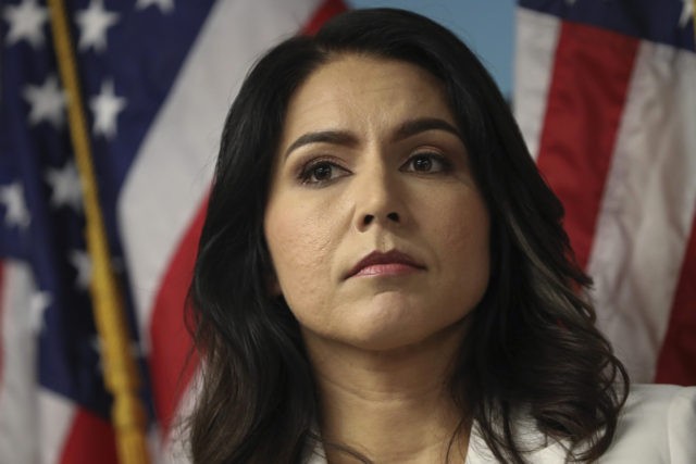 NEW YORK, NY - OCTOBER 29: Democratic presidential candidate Rep. Tulsi Gabbard (D-HI) looks on during a press conference at the 9/11 Tribute Museum in Lower Manhattan on October 29, 2019 in New York City. Gabbard called for the U.S. Department of Justice and the FBI declassify and release 9/11 …