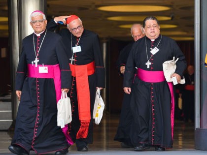Bishops and a Cardinal (2ndL) leave for a lunch break after attending the opening of the Special Assembly of the Synod of Bishops for the Pan-Amazon Region on October 7, 2019 in the Vatican. - Pope Francis is gathering Catholic bishops at the Vatican to champion the isolated and poverty-struck …