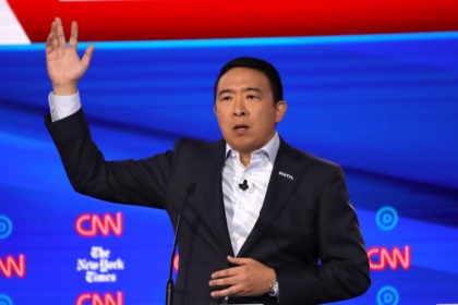 WESTERVILLE, OHIO - OCTOBER 15: Former tech executive Andrew Yang speaks during the Democratic Presidential Debate at Otterbein University on October 15, 2019 in Westerville, Ohio. A record 12 presidential hopefuls are participating in the debate hosted by CNN and The New York Times. (Photo by Win McNamee/Getty Images)