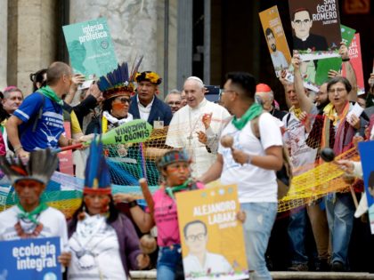 Pope Francis walks in procession on the occasion of the Amazon synod, at the Vatican, Monday, Oct. 7, 2019. Pope Francis opened a three-week meeting on preserving the rainforest and ministering to its native people as he fended off attacks from conservatives who are opposed to his ecological agenda. (AP …
