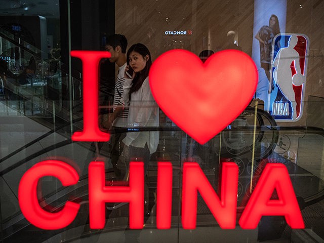 BEIJING, CHINA - OCTOBER 09: A display is seen near a logo outside the NBA flagship retail store on October 9, 2019 in Beijing, China. The NBA is trying to salvage its brand in China amid criticism of its handling of a controversial tweet that infuriated the government and has …