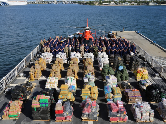 he Coast Guard Cutter James (WMSL-754) crew stands aboard the cutter October 28, 2019, Port Everglades, Florida. The cutter James crew is scheduled to offload approximately 27,300 pounds of seized cocaine worth an estimated $367 million and 11,000 pounds of seized marijuana worth an estimated $10.1 million at Port Everglades. …