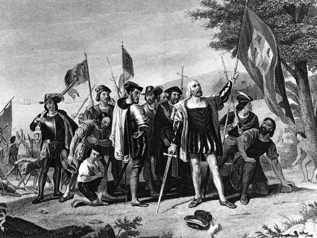 Historic painting of Christopher Columbus. He and his sailors stand in triumph at least on San Salvador, the Bahamas, on Oct. 12, 1492. The success of Columbus "Enterprise of the Indies" was due not only to his imaginative dreams. He was also a rugged individualist, driven by a "Yankee" profit …