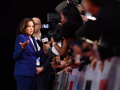 Democratic presidential hopeful California Senator Kamala Harris speaks to the press in th