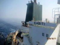 This photo released by the official news agency of the Iranian Oil Ministry, SHANA, shows Iranian oil tanker Sabiti traveling through the Red Sea Friday, Oct. 11, 2019. Two missiles struck the Iranian tanker Sabiti traveling through the Red Sea off the coast of Saudi Arabia on Friday, Iranian officials …