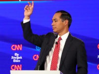 WESTERVILLE, OHIO - OCTOBER 15: Sen. Amy Klobuchar (D-MN) and former housing secretary Julian Castro react on stage during the Democratic Presidential Debate at Otterbein University on October 15, 2019 in Westerville, Ohio. A record 12 presidential hopefuls are participating in the debate hosted by CNN and The New York …
