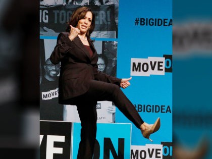 Kamala Harris and Stephanie Valencia speak onstage at the MoveOn Big Ideas Forum at The Warfield Theatre on June 01, 2019 in San Francisco, California. (Photo by Kimberly White/Getty Images for MoveOn)