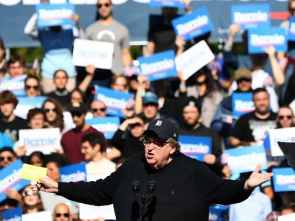 Filmmaker Michael Moore speaks at a campaign rally of 2020 Democratic presidential hopeful