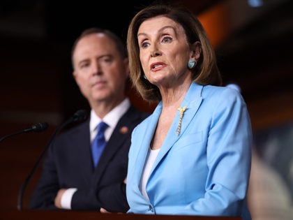 WASHINGTON, DC - OCTOBER 02: Speaker of the House Nancy Pelosi (D-CA) answers questions with House Select Committee on Intelligence Chairman Rep. Adam Shiff (D-CA) at the U.S. Capitol October 2, 2019 in Washington, DC. Pelosi and Schiff updated members of the media on the latest developments related to the …