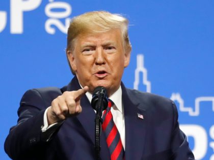 President Donald Trump speaks at the International Association of Chiefs of Police Convention Monday, Oct. 28, 2019, in Chicago. (AP Photo/Charles Rex Arbogast)