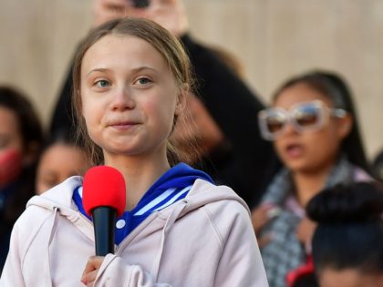 Swedish environment activist Greta Thunberg (C), 16, speaks during a "FridaysForFuture" climate protest at Civic Center Park in Denver, Colorado, on October 11, 2019. (Photo by Frederic J. BROWN / AFP) (Photo by FREDERIC J. BROWN/AFP via Getty Images)