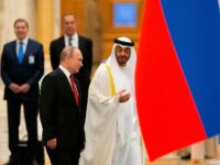 Russian President Vladimir Putin and Abu Dhabi Crown Prince Mohammed bin Zayed al-Nahyan attend the official welcome ceremony in Abu Dhabi, United Arab Emirates, on October 15, 2019. (Photo by Alexander Zemlianichenko / POOL / AFP) (Photo by ALEXANDER ZEMLIANICHENKO/POOL/AFP via Getty Images)