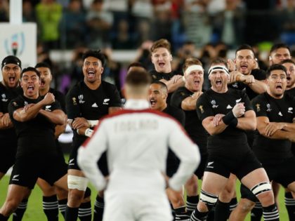 New Zealand's players perform the haka before the Japan 2019 Rugby World Cup semi-final match between England and New Zealand at the International Stadium Yokohama in Yokohama on October 26, 2019. (Photo by Odd ANDERSEN / AFP) (Photo by ODD ANDERSEN/AFP via Getty Images)