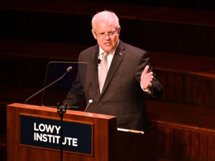 Australia's Prime Minister Scott Morrison speaks at the Lowy Lecture at the Town Hall in S