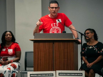 CHICAGO, IL - SEPTEMBER 24: Chicago Teachers Union President Jesse Sharkey speaks at a rally ahead of an upcoming potential strike on September 24, 2019 in Chicago. With Chicago teachers demanding increased school funding, pay raises, and more healthcare benefits, the rally also featured Presidential candidate Bernie Sanders, who praised …