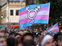 A person holds a transgender pride flag as people gather on Christopher Street outside the Stonewall Inn for a rally to mark the 50th anniversary of the Stonewall Riots in New York, June 28, 2019. - The June 1969 riots, sparked by repeated police raids on the Stonewall Inn -- …