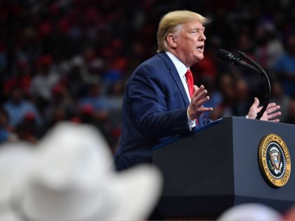 US President Donald Trump speaks during a "Keep America Great" rally at the American Airlines Center in Dallas, Texas on October 17, 2019. (Photo by Nicholas Kamm / AFP) (Photo by NICHOLAS KAMM/AFP via Getty Images)
