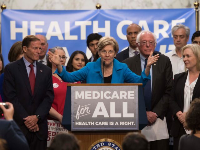 US Senator Elizabeth Warren (C), Democrat from Massachusetts, speaks with US Senator Bernie Sanders (2nd R), Independent from Vermont, as they discusses Medicare for All legislation on Capitol Hill in Washington, DC, on September 13, 2017. The former US presidential hopeful introduced a plan for government-sponsored universal health care, a …