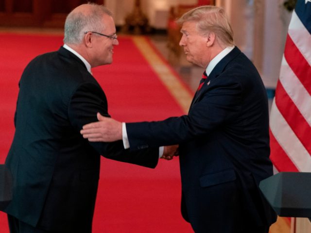 US President Donald Trump shakes hands with Australian Prime Minister Scott Morrison durin