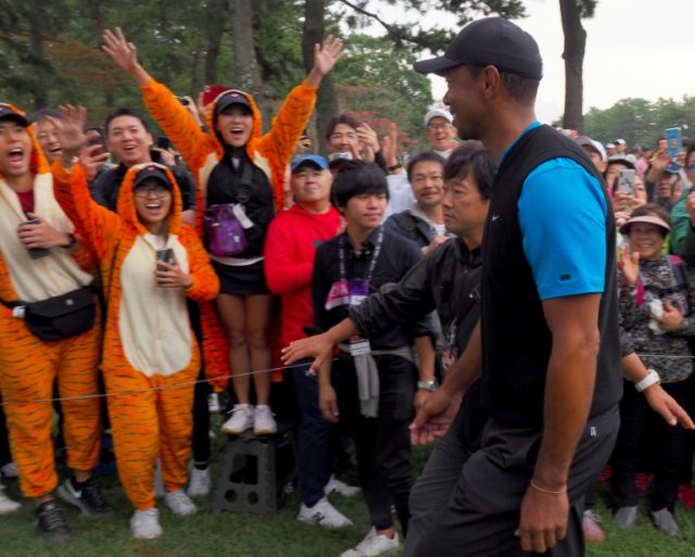 Tiger on brink of PGA Tour win record as play suspended in Japan