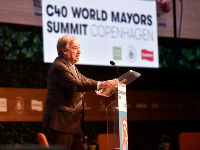 UN Secretary-General Antonio Guterres delivers his keynote speech at the C40 World Mayors Summit at the mainstage in Tivoli Conference Centre, Copenhagen, Denmark, on October 11, 2019. (Photo by Ida Guldbaek Arentsen / Ritzau Scanpix / AFP) / Denmark OUT (Photo by IDA GULDBAEK ARENTSEN/Ritzau Scanpix/AFP via Getty Images)