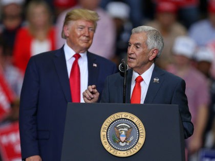 MONROE, LOUISIANA - NOVEMBER 06: Louisiana Republican candidate for governor, Eddie Rispone (R) speaks alongside U.S. President Donald Trump during a "Keep America Great" rally at the Monroe Civic Center on November 06, 2019 in Monroe, Louisiana. President Trump headlined the rally to support Louisiana Republican gubernatorial candidate Eddie Rispone, …