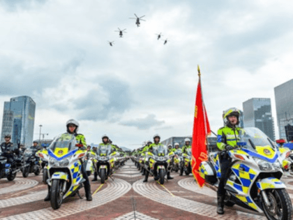 Police ride motorcycle in a drill held in Shenzhen, South China's Guangdong Province on Tuesday,with helicopters hovering over head. Photo: Courtesy of Shenzhen police