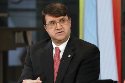 U.S. Secretary of Veterans Affairs Robert Wilkie appears on the Fox News Channel's "Outnumbered Overtime with Harris Faulkner," in New York, Thursday, May 23, 2019. (AP Photo/Richard Drew)