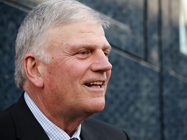 The Rev. Franklin Graham talks to the media before he speaks at his Decision America event at the Pitt County Fairgrounds in Greenville, N.C. on Wednesday, Oct. 2, 2019. (AP Photo/Chris Seward)