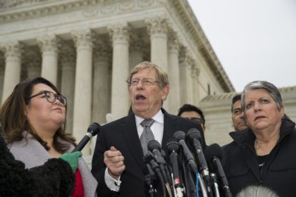 Former U.S. Solicitor General Ted Olson speaks, with DACA recipient Greisa Martinez Rosa, left, and former Secretary of Homeland Security Janet Napolitano right, after leaving the Supreme Court after oral arguments were heard in the case of President Trump's decision to end the Obama-era, Deferred Action for Childhood Arrivals program …