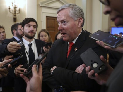 Rep. Mark Meadows, R- N.C., speaks to reporters as the hearing with top U.S. diplomat in Ukraine William Taylor, and career Foreign Service officer George Kent, at the House Intelligence Committee ends on Capitol Hill in Washington, Wednesday, Nov. 13, 2019. (AP Photo/Andrew Harnik)