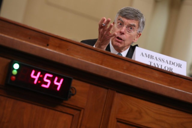 WASHINGTON, DC - NOVEMBER 13: Top U.S. diplomat to Ukraine, William B. Taylor Jr. testifies before the House Intelligence Committee in the Longworth House Office Building on Capitol Hill November 13, 2019 in Washington, DC. In the first public impeachment hearings in more than two decades, House Democrats are trying …