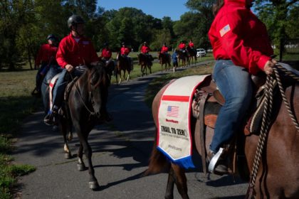 Veterans take part in BraveHearts "Trail to Zero" ride on horseback at Arlington Cemetery in Virginia, on September 7, 2019. - "Trail to Zero" aims to raise awareness suicide prevention among veterans. (Photo by Alastair Pike / AFP) (Photo credit should read ALASTAIR PIKE/AFP via Getty Images)