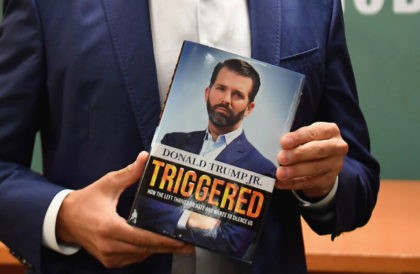 Donald Trump Jr., holds his new Book "Triggered: How the Left Thrives on Hate and Wants to Silence Us" at Barnes & Noble on 5th Avenue on November 5, 2019 in New York. (Photo by Angela Weiss / AFP) (Photo by ANGELA WEISS/AFP via Getty Images)