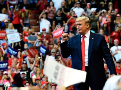 US President Donald Trump pumps his fist during a "Keep America Great" campaign rally at the BB&T Center in Sunrise, Florida on November 26, 2019. (Photo by MANDEL NGAN / AFP) (Photo by MANDEL NGAN/AFP via Getty Images)