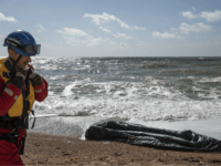 DOVER, ENGLAND - APRIL 04: An inflatable rib lies in the surf near Samphire Hoe on April 4, 2019 in Dover, England. Two separate incidents of migrants coming ashore have been reported along the Kent coast near Folkestone this morning. (Photo by Dan Kitwood/Getty Images)