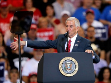 In this Friday, Oct. 11, 2019 fikle photo, Louisiana Republican gubernatorial candidate Eddie Rispone speaks at President Donald Trump's campaign rally in Lake Charles, La. Rispone is asking Louisiana voters to choose him in the November runoff election without telling them much about what he wants to do if he …