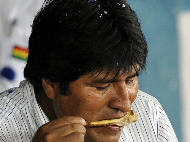 Bolivian President and presidential candidate for the Movimiento Al Socialismo (Movement Towards Socialism) party Evo Morales eats chicken for breakfast before voting in the locality Villa 14 de Septiembre, on December 6, 2009 during presidential elections. Morales, an Aymara native and former coca farmer, and a fervent anti-US leader, looked …